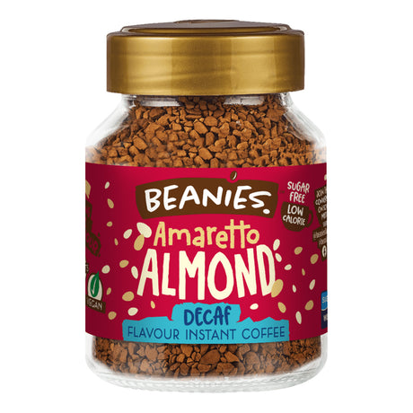 Jar of Beanies Amaretto Almond Decaf instant coffee on a white background
