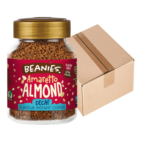Jar of Beanies Amaretto Almond Decaf instant coffee with a cardboard box on a white background