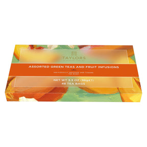 Taylor's Assorted Green Teas and Fruit Infusions tea box, featuring a vibrant multicolor floral design with a prominent orange band across the middle.