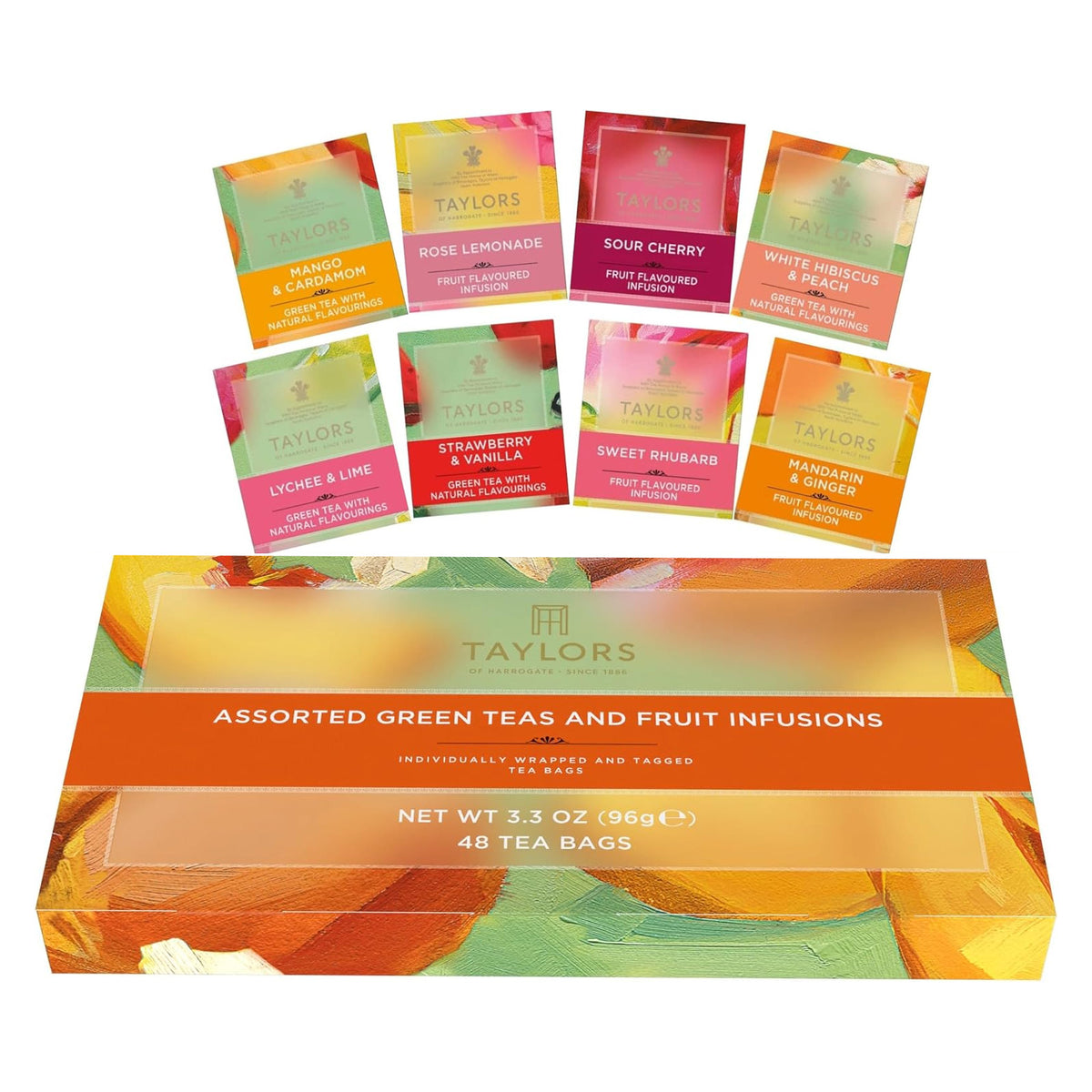 Taylor's Assorted Green Teas and Fruit Infusions tea box set with eight individually wrapped tea bags displayed above the main box on a white background.