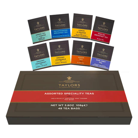 A box of Taylors Assorted Specialty Teas with eight individual tea bag packs arranged behind it on a white background.