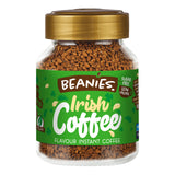 Jar of Beanies Irish Coffee instant coffee with a gold lid on a white background