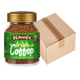 Jar of Beanies Irish Coffee with a cardboard box on a white background