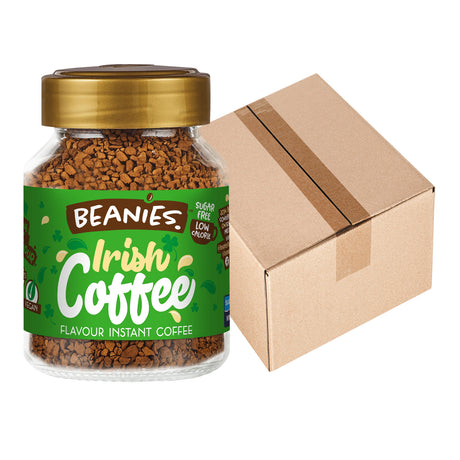 Jar of Beanies Irish Coffee with a cardboard box on a white background