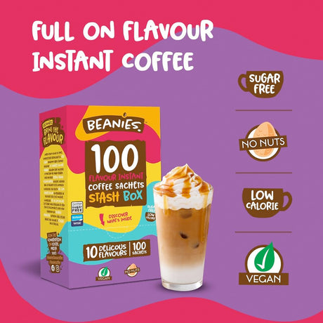 Beanies instant coffee stash box with a glass of iced coffee on a pink and purple background