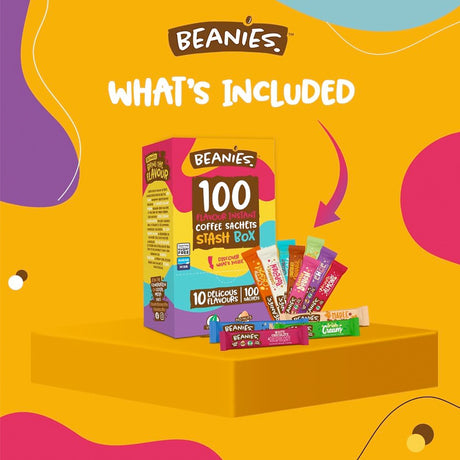 Beanies coffee sachets stash box with various sachets on a colorful background