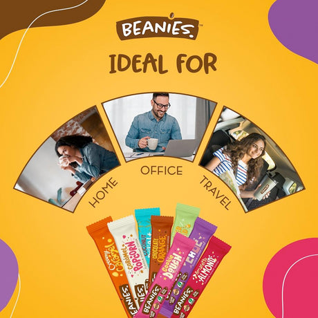 Promotional graphic for Beanies with images of people using the product in various settings and colorful candy bars displayed.