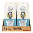 A retail display box containing six bags of Northern Beaches Bearded Barista coffee beans, each bag featuring a white and blue design with a stylized illustration of a bearded man wearing sunglasses.