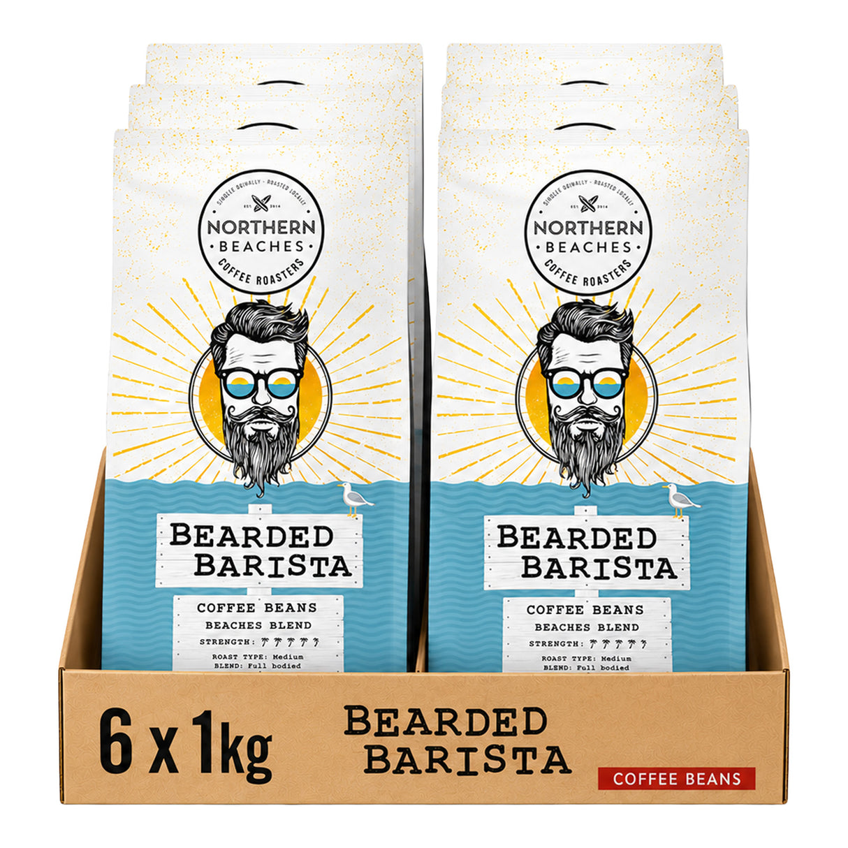 A retail display box containing six bags of Northern Beaches Bearded Barista coffee beans, each bag featuring a white and blue design with a stylized illustration of a bearded man wearing sunglasses.