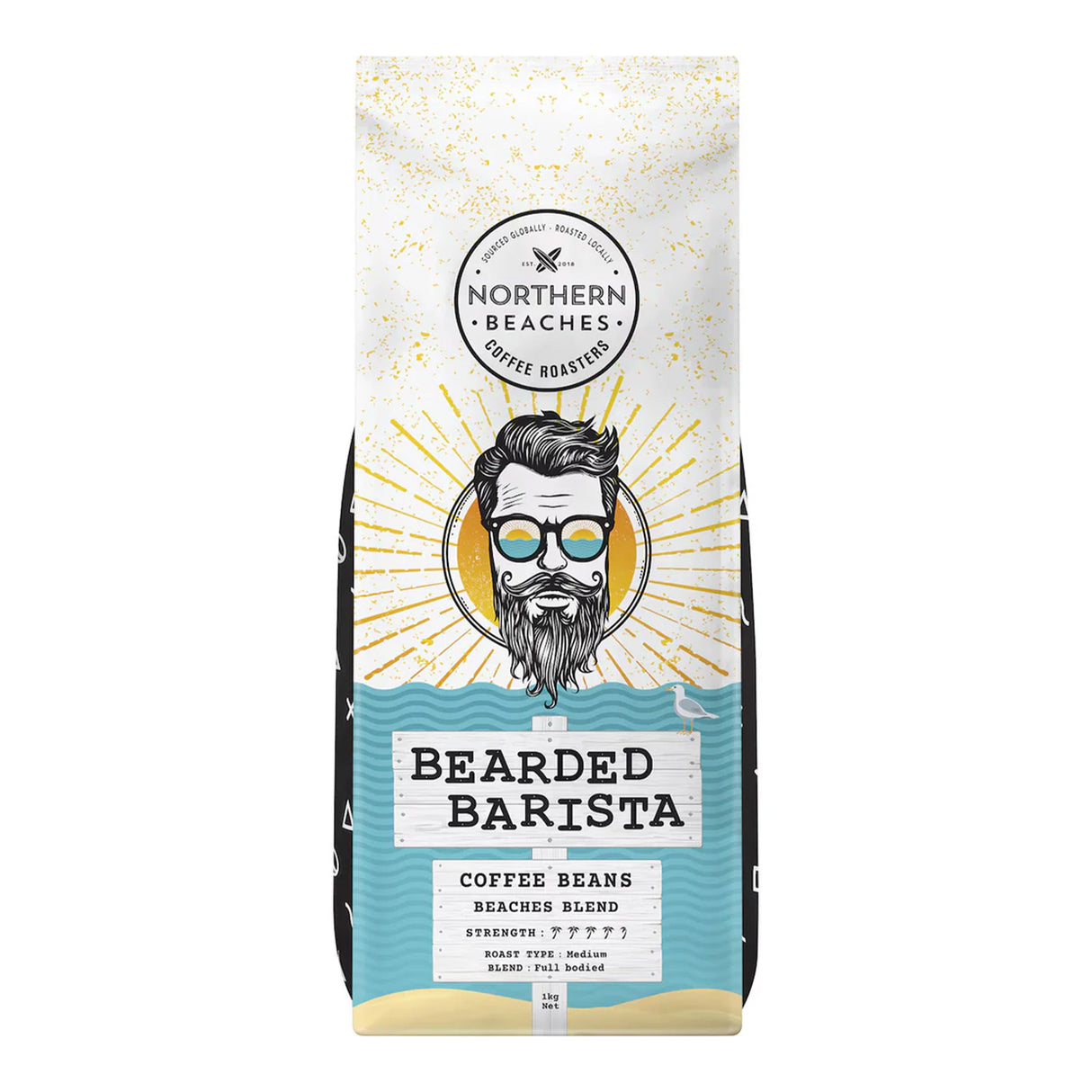 A bag of Northern Beaches Coffee Roasters 'Bearded Barista' coffee beans, featuring a stylized illustration of a bearded man with glasses on the front, set against a plain white background.