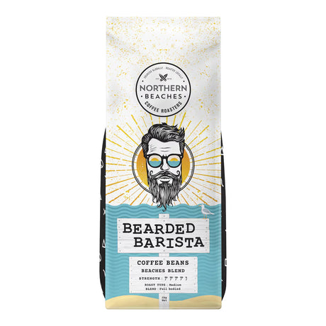 A bag of Northern Beaches Coffee Roasters 'Bearded Barista' coffee beans, featuring a stylized illustration of a bearded man with glasses on the front, set against a plain white background.