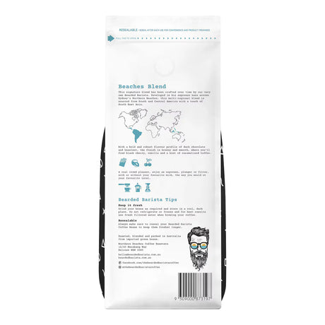 The back of a black and white bag of coffee, featuring product details, a world map illustration, brewing tips, and a bearded man illustration on a white background.