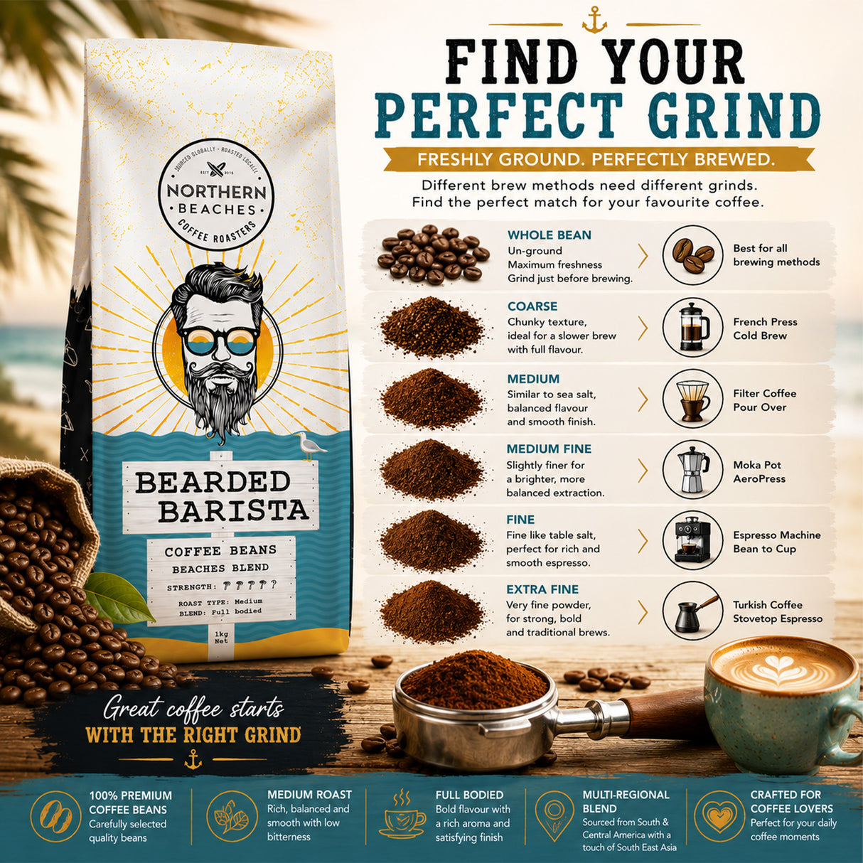 A coffee bean bag package labeled 'Bearded Barista' by Northern Beaches, shown in a styled coffee-making scene with beans, a burr grinder, mugs, and informational text about grind settings.