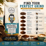 A coffee bean bag package labeled 'Bearded Barista' by Northern Beaches, shown in a styled coffee-making scene with beans, a burr grinder, mugs, and informational text about grind settings.