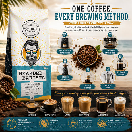 Northern Beaches Bearded Barista coffee beans. The image shows a branded coffee bag on the left, a bowl of loose coffee beans, and multiple brewing methods illustrated and demonstrated with cups of coffee on the right and bottom.