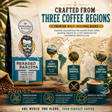 A bag of Northern Beaches 'Bearded Barista' premium multi-regional coffee blend is shown on a styled promotional background with coffee beans, a cup of coffee, and a world map highlighting South America, Central America, and South East Asia.