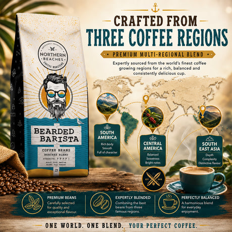 A bag of Northern Beaches 'Bearded Barista' premium multi-regional coffee blend is shown on a styled promotional background with coffee beans, a cup of coffee, and a world map highlighting South America, Central America, and South East Asia.