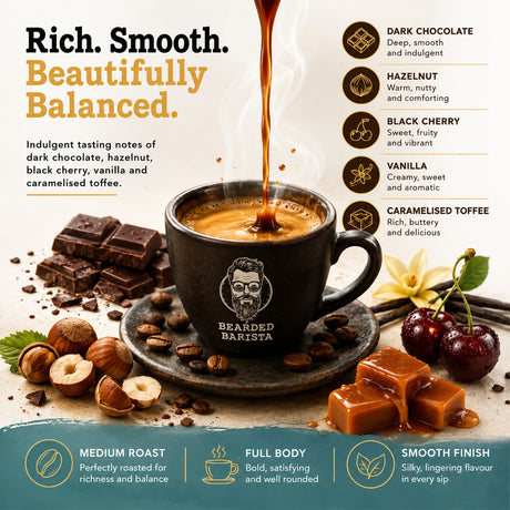 A coffee advertisement featuring a black ceramic mug labeled 'Bearded Barista' with a rich, smooth espresso pour. The graphic includes text describing the coffee's flavor notes (dark chocolate, hazelnut, black cherry, vanilla, caramelised toffee) and product specifications at the bottom, surrounded by chocolate pieces, hazelnuts, and cherries.