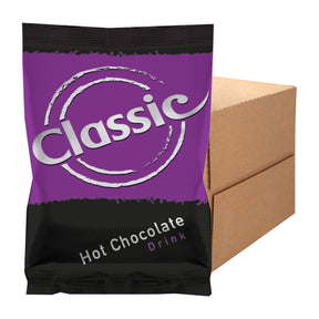 Purple and black package of classic hot chocolate drink with a cardboard box in the background