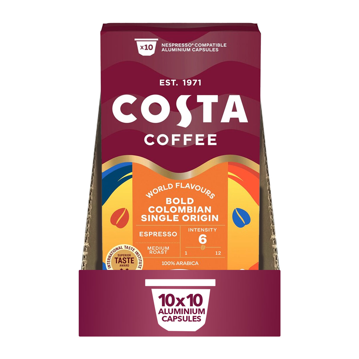 Costa Colombian Roast Espresso Coffee Capsules 10x10 Nespresso Compatible