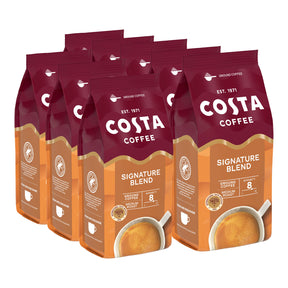 Multiple bags of Costa Coffee Signature Blend on a white background