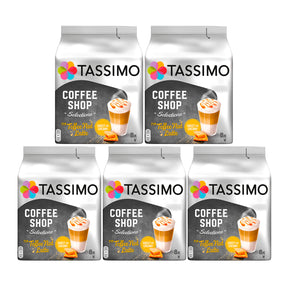 A case of five Tassimo Coffee Shop Toffee Nut Latte Coffee Pods packages.