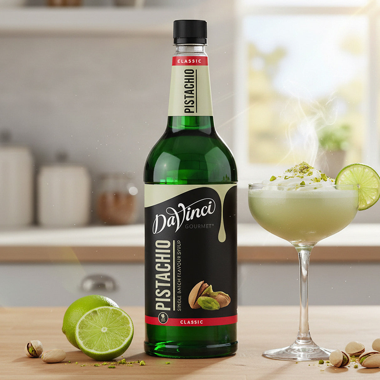 Bottle of DaVinci Pistachio syrup with a cocktail and limes on a kitchen counter.