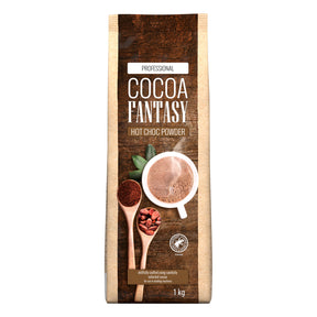 Cocoa Fantasy hot chocolate powder package on a white background