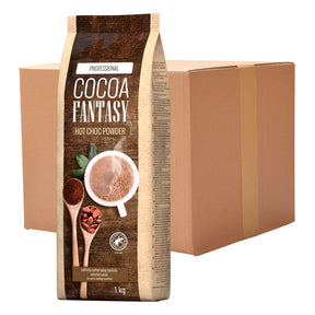 Cocoa Fantasy hot choc powder packaging with a cardboard box in the background