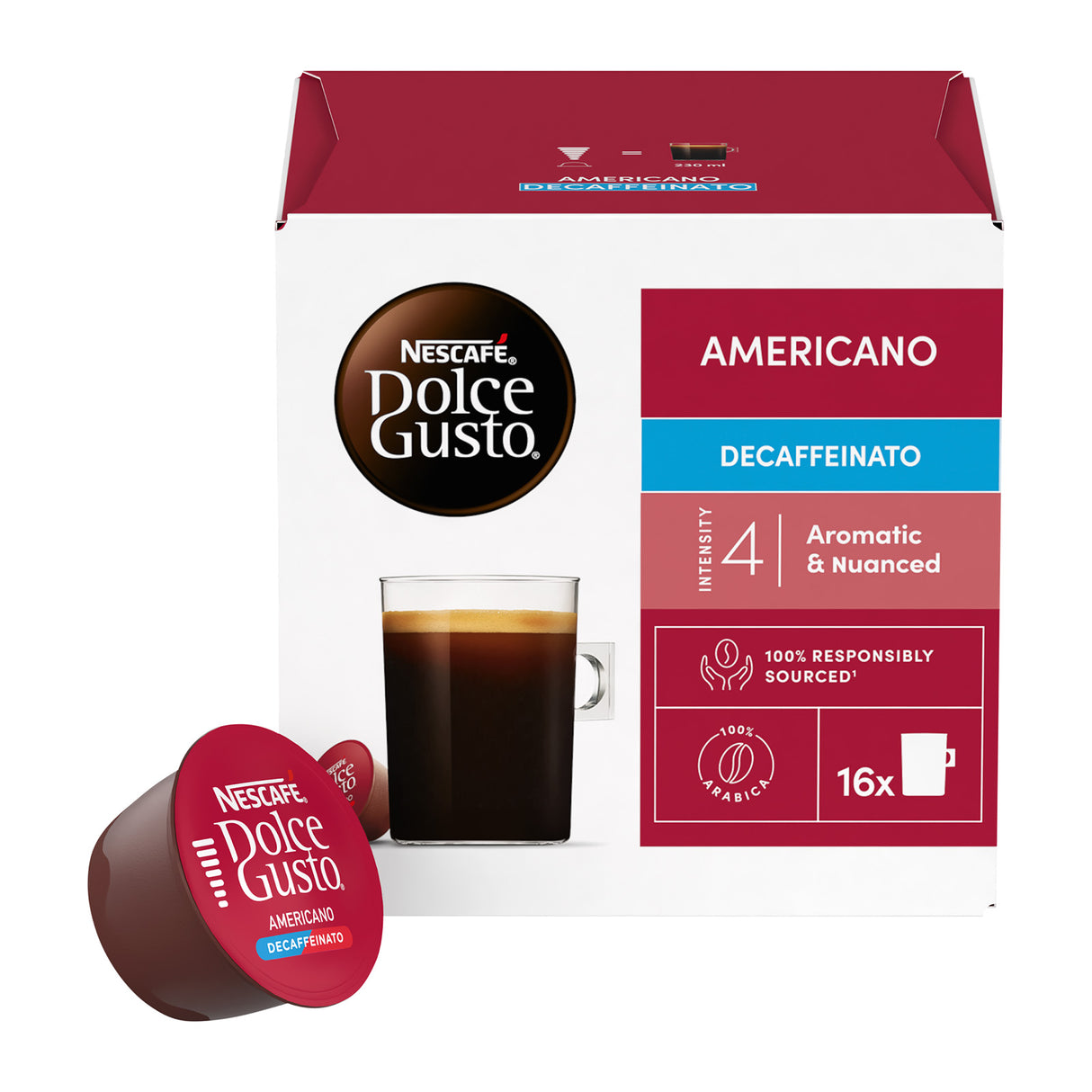 Nescafe Dolce Gusto Americano Decaffeinato coffee capsule packaging on a white background