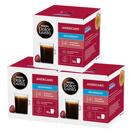 Three boxes of Dolce Gusto Americano Decaffeinated coffee pods on a white background