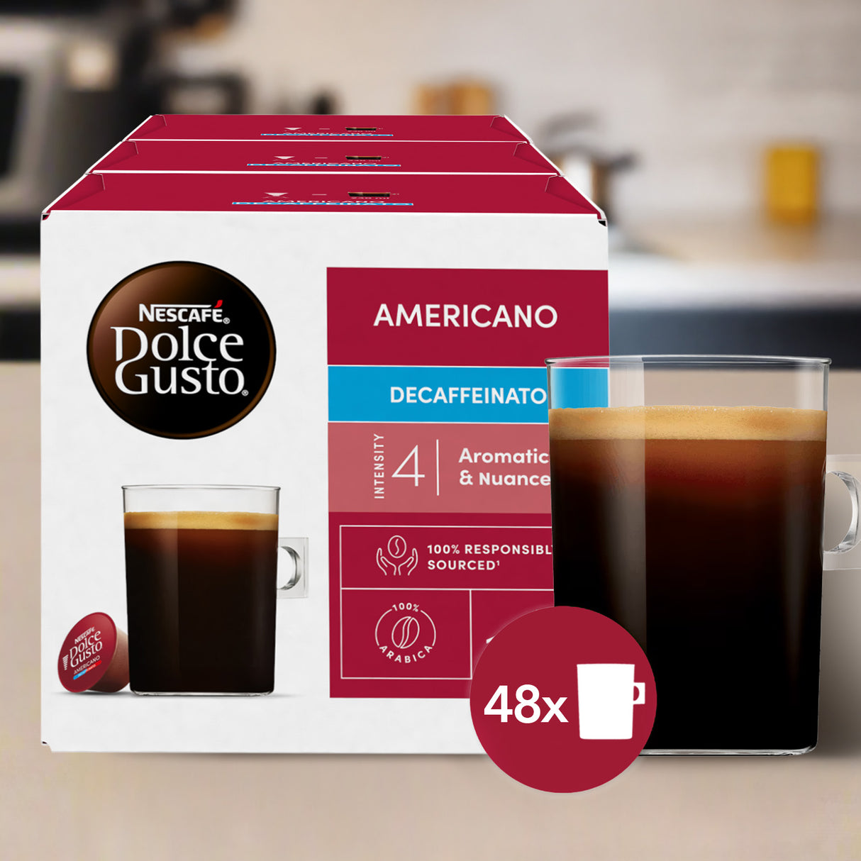 Nescafe Dolce Gusto Americano Decaffeinato coffee pod box with a glass of coffee.