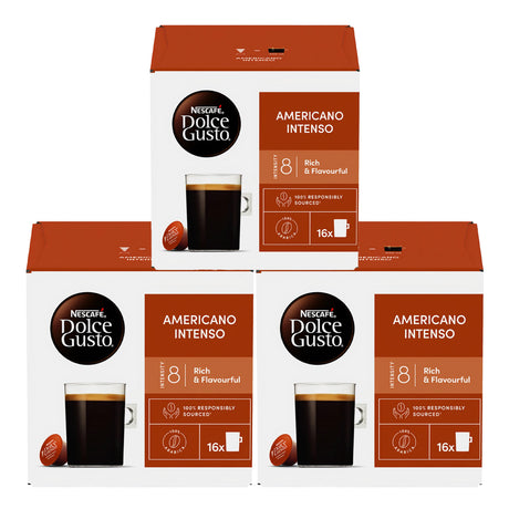 Three boxes of Nescafe Dolce Gusto Americano Intenso coffee capsules on a white background