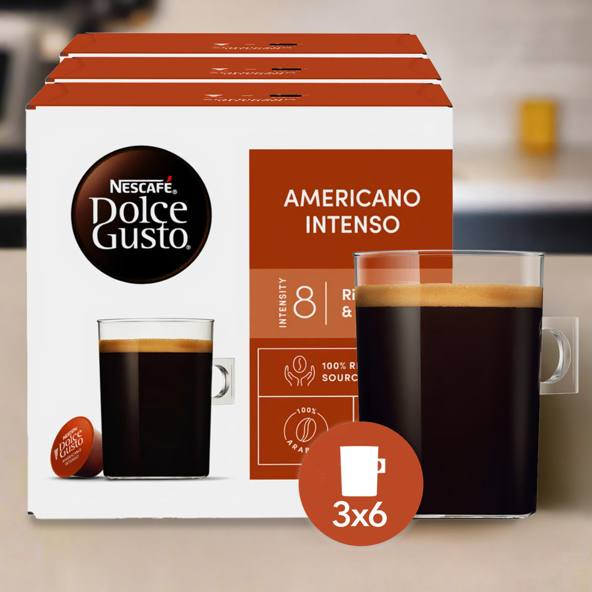 Nescafe Dolce Gusto Americano Intenso coffee capsule packaging with a glass of coffee.