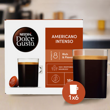 Nescafe Dolce Gusto Americano Intenso coffee pod box with a glass of coffee.