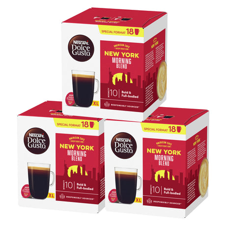 Three boxes of Nescafe Dolce Gusto New York Morning Blend coffee pods on a white background