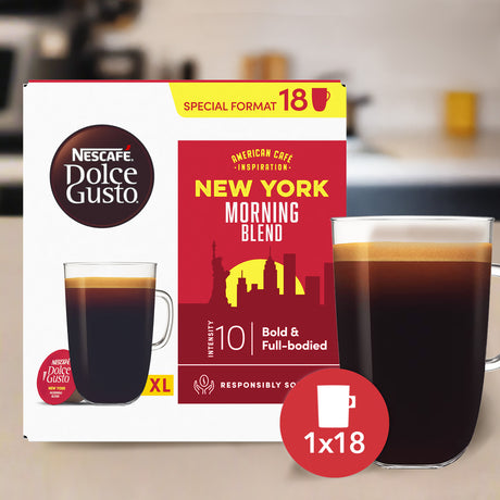 Nescafe Dolce Gusto New York Morning Blend coffee pod box with a cup of coffee.
