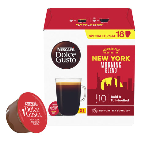 Nescafe Dolce Gusto New York Morning Blend coffee pod packaging on a white background
