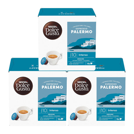 Three boxes of Nestle Dolce Gusto Espresso Palermo coffee capsules on a white background