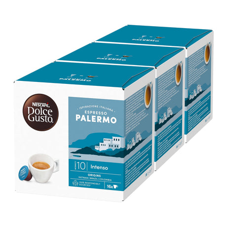 Three boxes of Nescafe Dolce Gusto Espresso Palermo coffee capsules on a white background