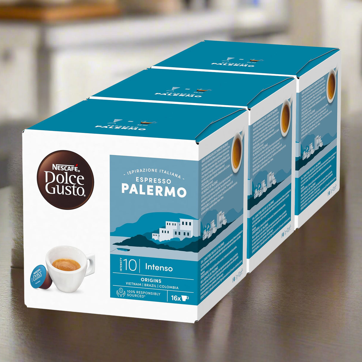 Box of Nescafe Dolce Gusto Espresso Palermo coffee capsules on a wooden surface.