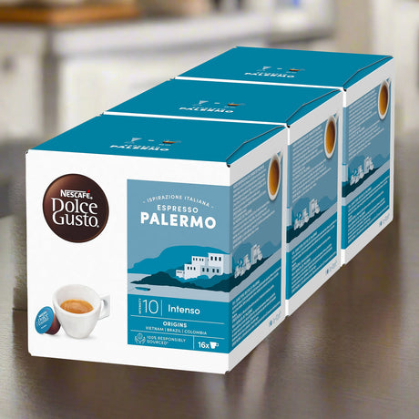 Box of Nescafe Dolce Gusto Espresso Palermo coffee capsules on a wooden surface.