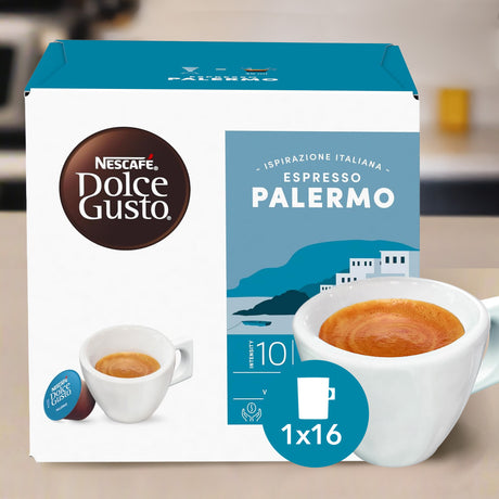 Nescafe Dolce Gusto Espresso Palermo coffee capsule box on a kitchen counter.