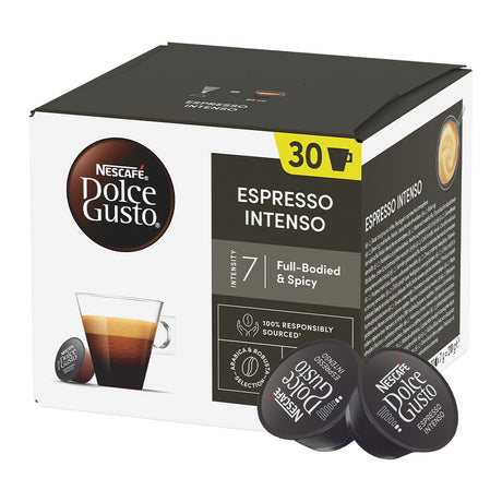 Box of Nescafe Dolce Gusto Espresso Intenso coffee capsules with packaging details.