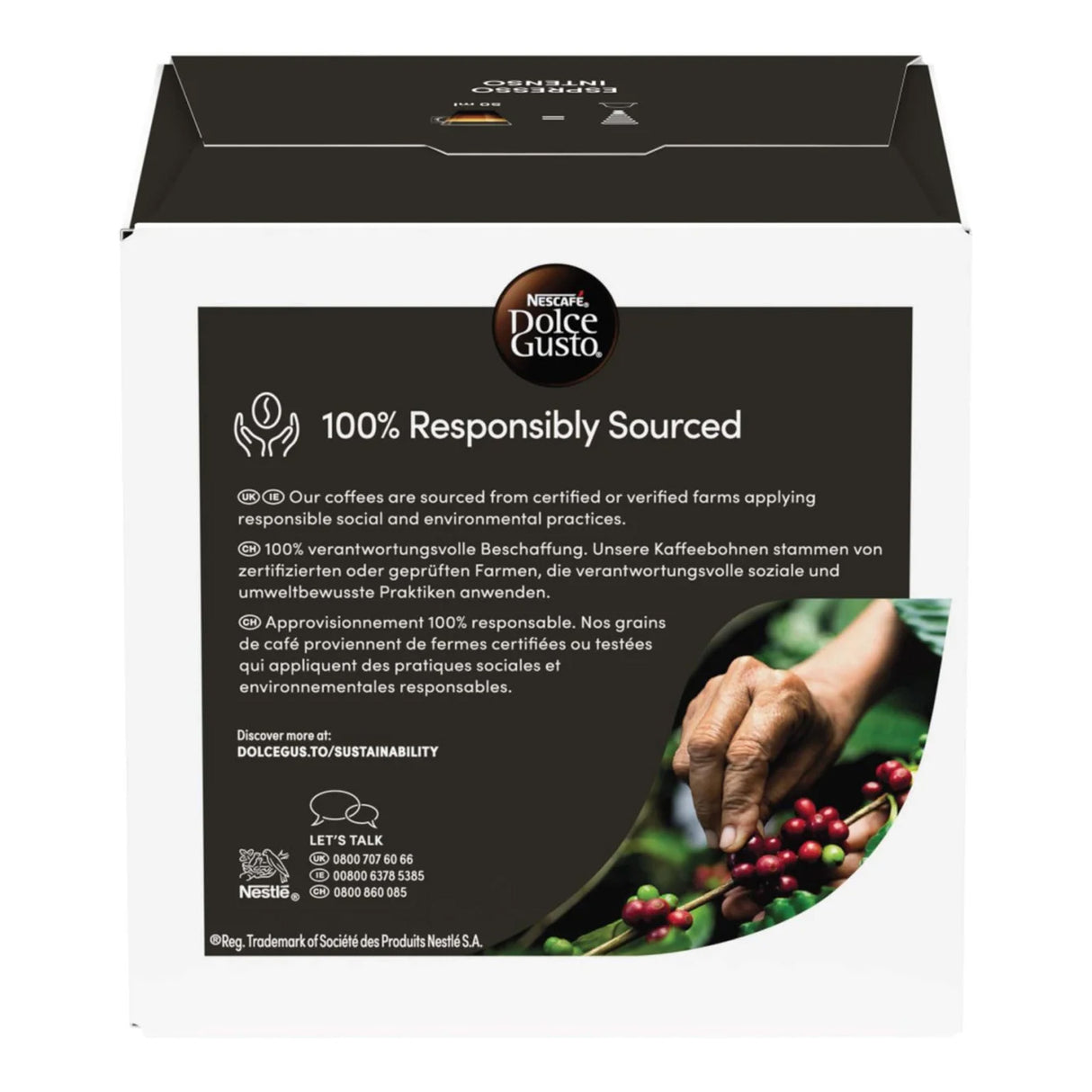 Dolce Gusto coffee pod packaging with responsible sourcing information