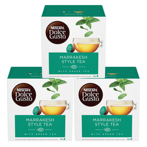 Three boxes of Nescafe Dolce Gusto Marrakesh Style Tea on a white background