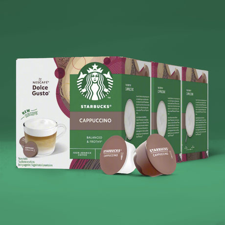 Starbucks Cappuccino coffee pods packaging on a green background