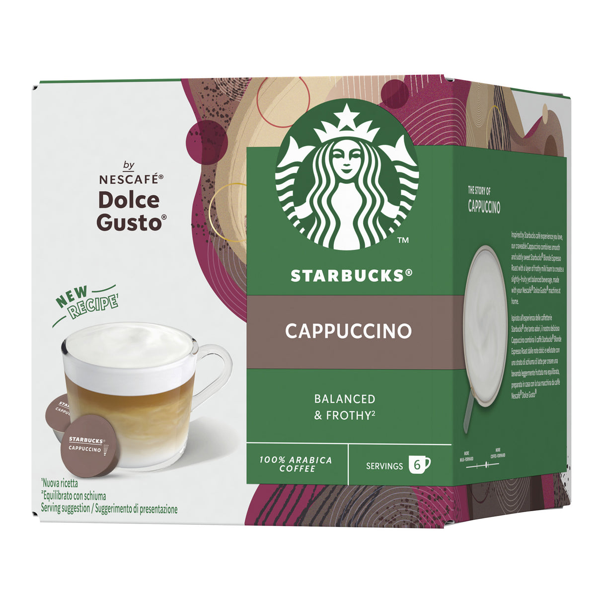 Starbucks Cappuccino Nescafe Dolce Gusto packaging on a white background