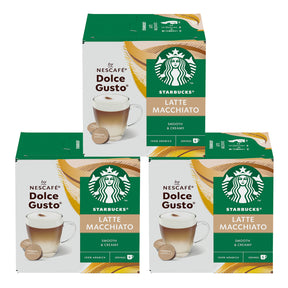 Three boxes of Starbucks Latte Macchiato coffee pods for Dolce Gusto on a white background