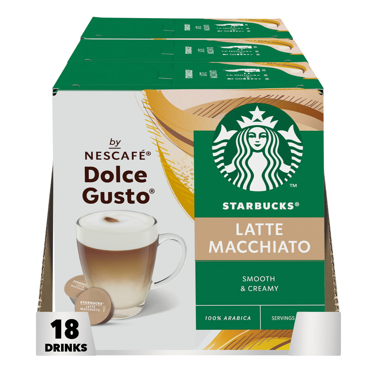 Box of Starbucks Latte Macchiato Nescafe Dolce Gusto coffee pods on a white background